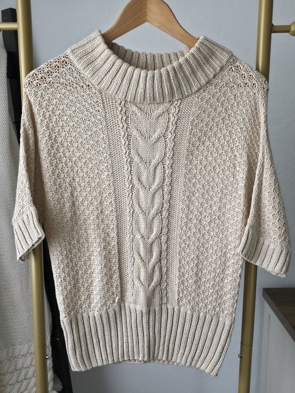 St. John Short-Sleeve Mock Neck Cable Knit Sweater, Medium, 100% Cotton